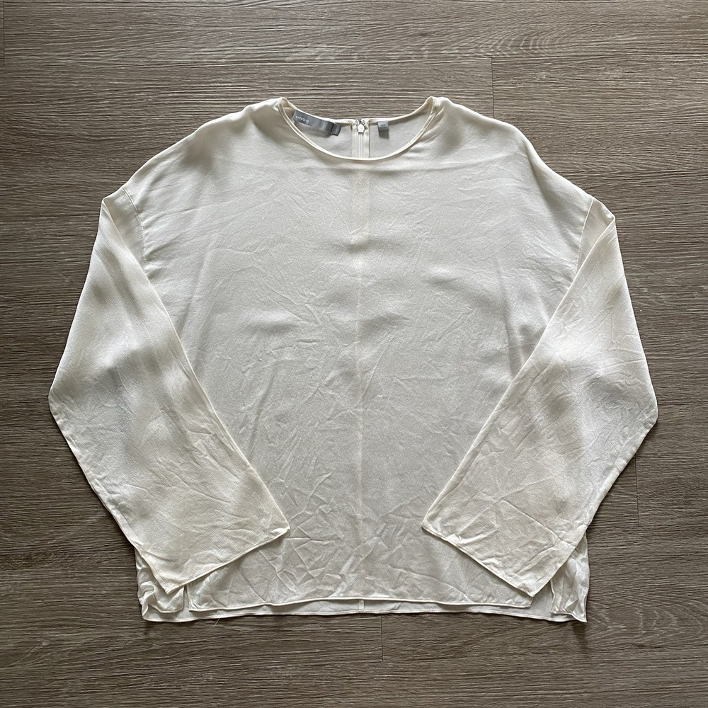 Vince 100% Silk Long Sleeve Blouse Women's L Cream Minimalist Quiet Luxury Flowy